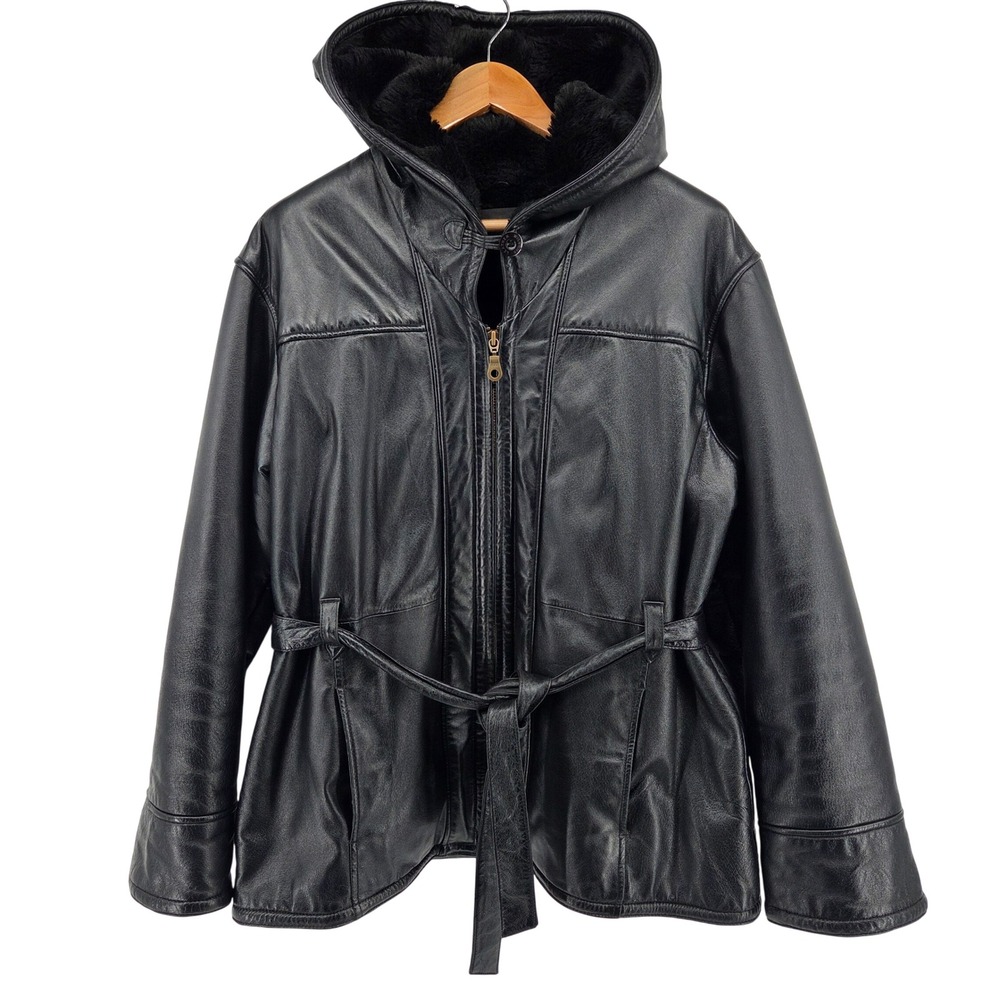 Wilsons Leather Black Leather Hooded Jacket Women's XL Faux‎ Fur Lined Belted